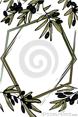 A frame of several lines at the background of branches of olive tree. Space for text. Vector hand-drawn illustration. Vector Illustration