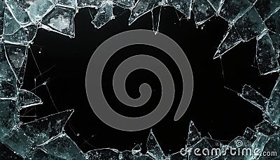 Frame of shattered glass on black background with sharp shards and clear cracks. Transparent fragile broken glace texture with Stock Photo