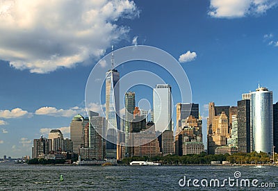 Wide view of the lower Manhattan from Ferry sail toward Staten Island Editorial Stock Photo
