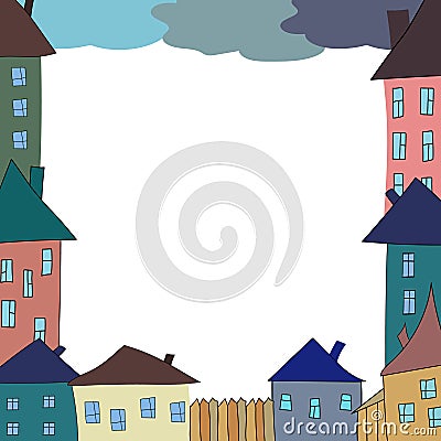 Frame of small colored suburban homes and clouds in the sky. Flat style, trendy trendy colors. For cards, invitations, save the da Stock Photo