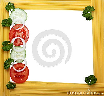 Frame of spaghetti ,tomato,cucumber Stock Photo