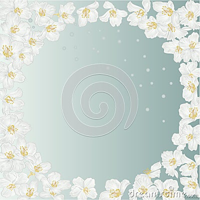 Frame spring blue background with blossoms jasmine and dewdrops vintage vector botanical illustration Vector Illustration