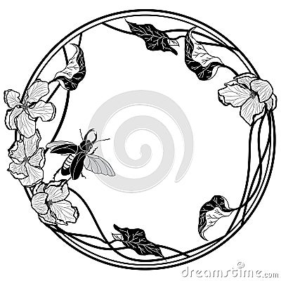 Frame with stag-beetle and apple flowers Vector Illustration