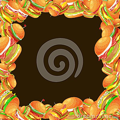 Frame from tasty burger grilled beef and fresh vegetables dressed with sauce bun for snack, american hamburger fast food Vector Illustration