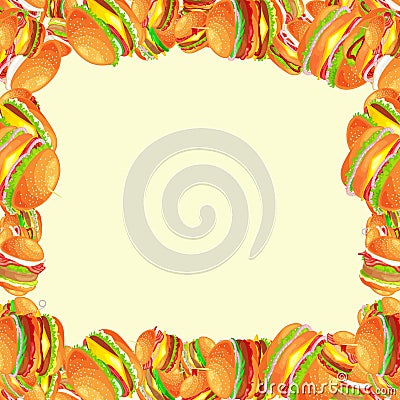 Frame from tasty burger grilled beef and fresh vegetables dressed with sauce bun for snack, american hamburger fast food Vector Illustration