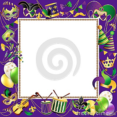 Frame Template with Golden Carnival Masks on Black Background. Glittering Celebration Festive Border. Vector Vector Illustration