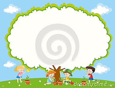 Frame template with kids planting tree in garden Vector Illustration