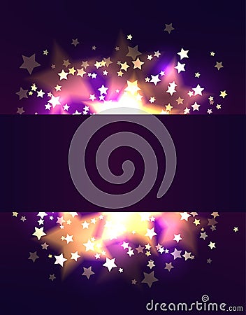 Frame template with luxurious gold stars and bokeh on violet background. Vector festive pattern Vector Illustration