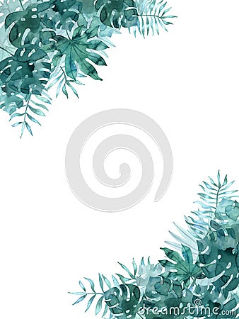 Frame template with watercolor tropical leaves on corners. Exotic hand painted illustration isolated on white Cartoon Illustration
