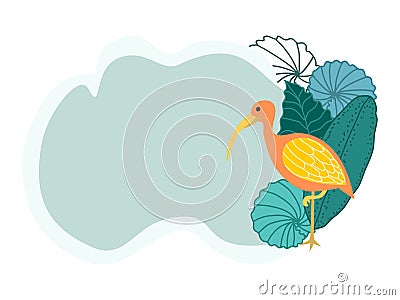 Frame for text with a cute heron and palm leaves on a white background. Children's quote with a bird. Vector Illustration