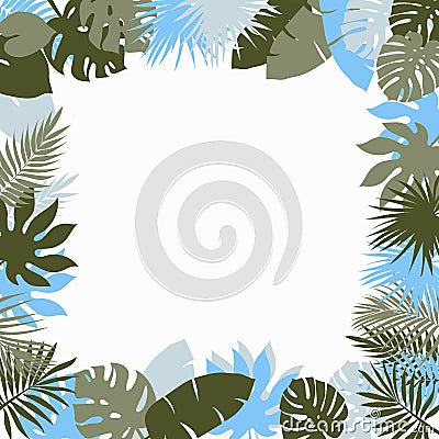 Frame with tropical leaves in green and blue. Can be used to design sites, albums, invitations, cards. Monstera, palm trees, tropi Stock Photo