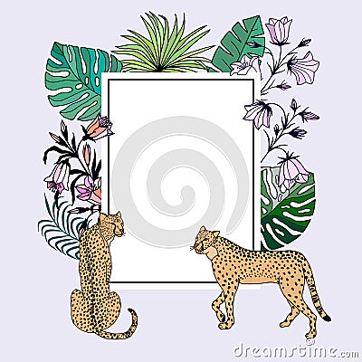 Frame from tropical leaves of Monstera, Palms. Flowers Bluebells. Leopards. Vector stock illustration eps10. Vector Illustration