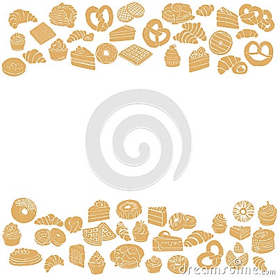 Frame of two horizontal borders with silhouettes of breakfast pastries, silhouettes of different types of croissants, cupcakes, Vector Illustration