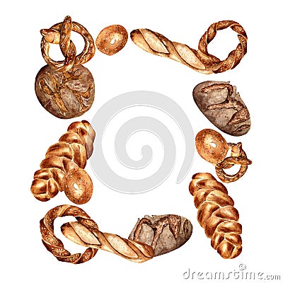 Frame of variety bread watercolor isolated on white. Hand drawn rye bread, pretzel for bakery. Painted challah, bagel Stock Photo