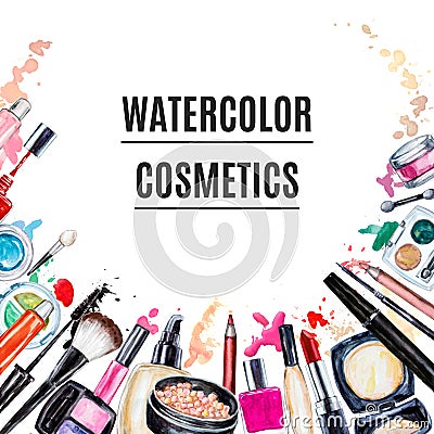 Frame of various watercolor decorative cosmetic. Makeup products Stock Photo