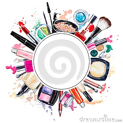 Frame of various watercolor decorative cosmetic. Makeup products Stock Photo