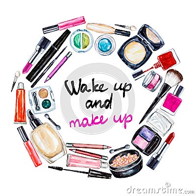 Frame of various watercolor decorative cosmetic. Makeup products Stock Photo