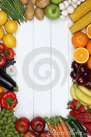 Frame from vegetables and fruits like tomato, apple, orange with Stock Photo