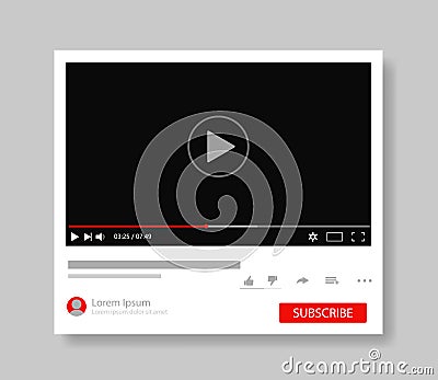 Frame video player interface. Design mockup video channel pc. Tube window template with subscribe for web, media app.Player screen Stock Photo