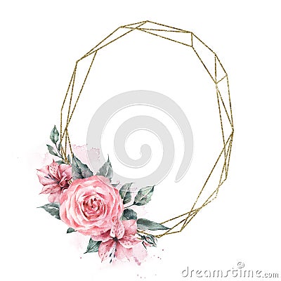 Frame vintage gold geometry oval decorated bouquet composition pink peony and alstroemeria flowers. Cartoon Illustration