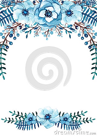 Frame with Watercolor Blue Flowers, Berries, Leaves Stock Photo
