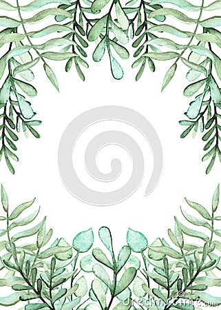 Frame With Watercolor Green Ferns And Herbs Stock Photo