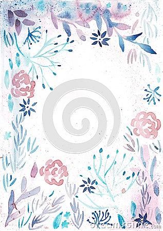Frame With Watercolor Pink Flowers And Light Blue Leaves Stock Photo