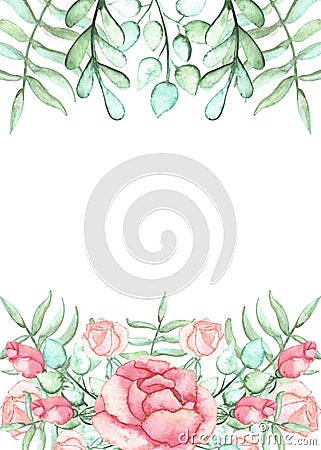 Frame With Watercolor Roses, Ferns And Leaves Stock Photo