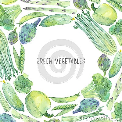 Frame with watercolor sketching fresh green vegetables Stock Photo