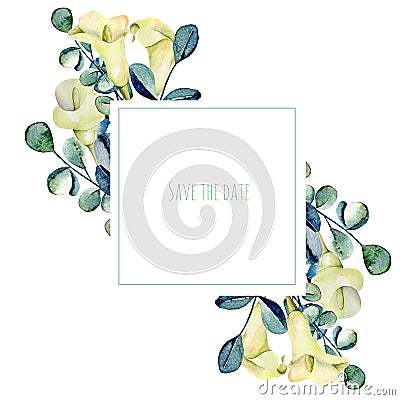 Frame with watercolor white callas flowers and eucalyptus branches Stock Photo