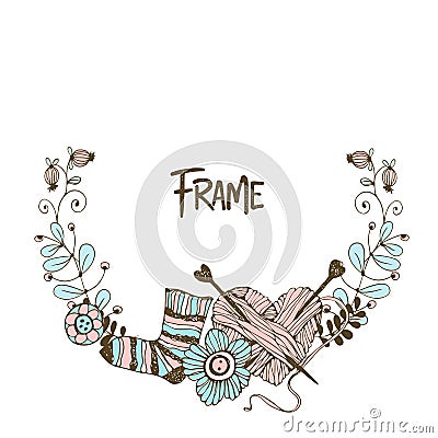 Frame wreath on the theme of knitting with skeins of yarn needles and wool socks. Vector Stock Photo