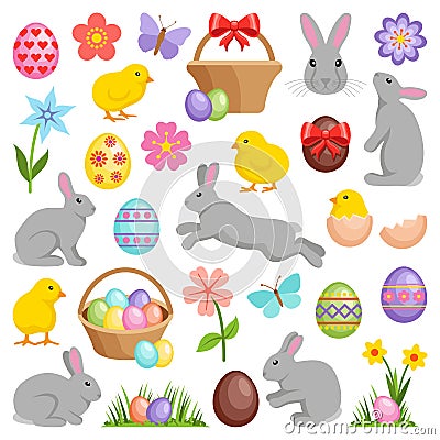 Easter eggs - hares - chickens and flowers vector illustration collection Vector Illustration