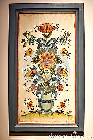 Framed Norwegian Folk Art Rosemaling Painting Editorial Stock Photo