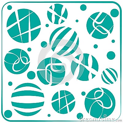 Framed panel turquoise balls of different sizes with different geometric patterns Vector Illustration