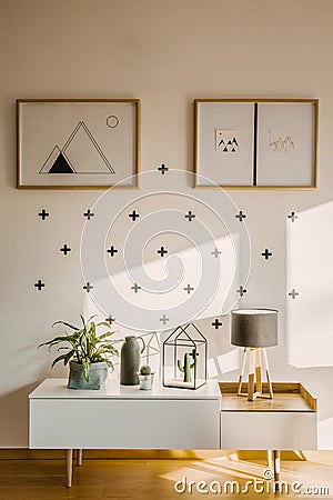 Framed posters on a white wall with plus sign pattern and a scan Stock Photo