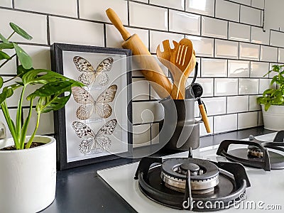 Framed taxidermy butterflies art in a black and white subway tiled kitchen with numerous plants Stock Photo