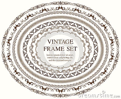 Set Of Seven Oval Vintage Frames Isolated On A Plain Background. Vector Illustration