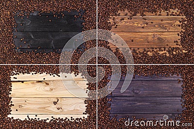 4 Frames of coffee beans on wooden table, Top view with copy space Stock Photo