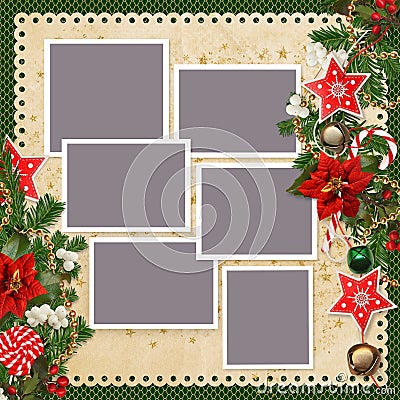 Christmas background with frames for family photos and borders of stars, christmas bells, sweets, pine branches, poinsettia, ber Stock Photo