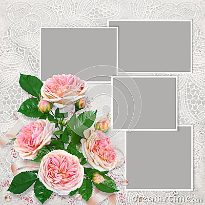 Frames for family photos on a beautiful lace background and a bouquet of pink roses Stock Photo
