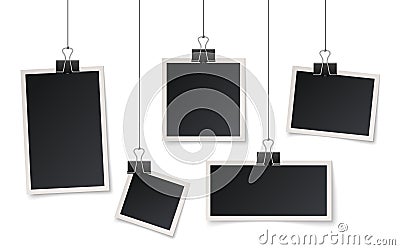 Frames hang on clips. Picture hanging, photos frame on string. Blank realistic photography template, isolated memories Vector Illustration