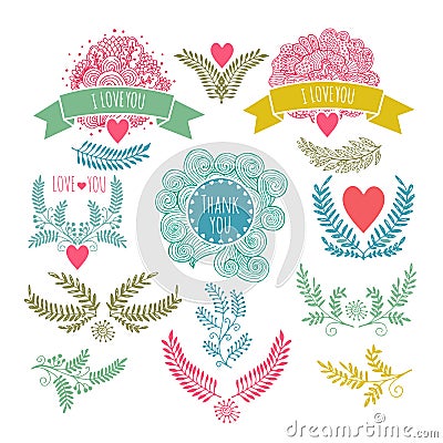 FramesHand drawing. set of vintage design elements. Twigs, hearts, invitations Vector Illustration