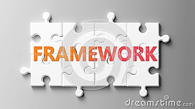 Framework complex like a puzzle - pictured as word Framework on a puzzle pieces to show that Framework can be difficult and needs Cartoon Illustration