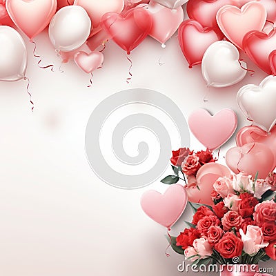 Framing border with romantic ornament with balloon, rose and gift are arranged around empty picture frame on white background. Stock Photo