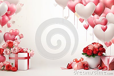 Framing border with romantic ornament with balloon, rose and gift are arranged around empty picture frame on white background. Stock Photo