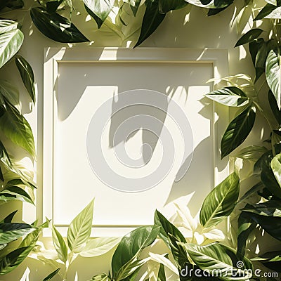 Framing border with tropical leaves on white background backdrop and copy space. Stock Photo
