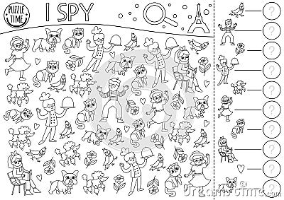 France black and white I spy game for kids. Searching and counting activity with people, animals. French printable line worksheet Vector Illustration