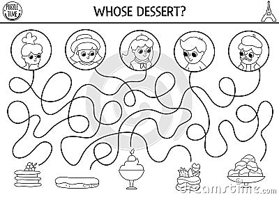 France black and white maze for kids with people and traditional French desserts. Preschool printable activity. Labyrinth game, Vector Illustration