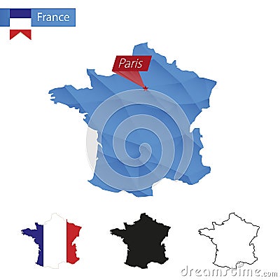 France blue Low Poly map with capital Paris Vector Illustration