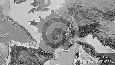 France border shape overlay. Outlined. Grayscale. Labels Stock Photo